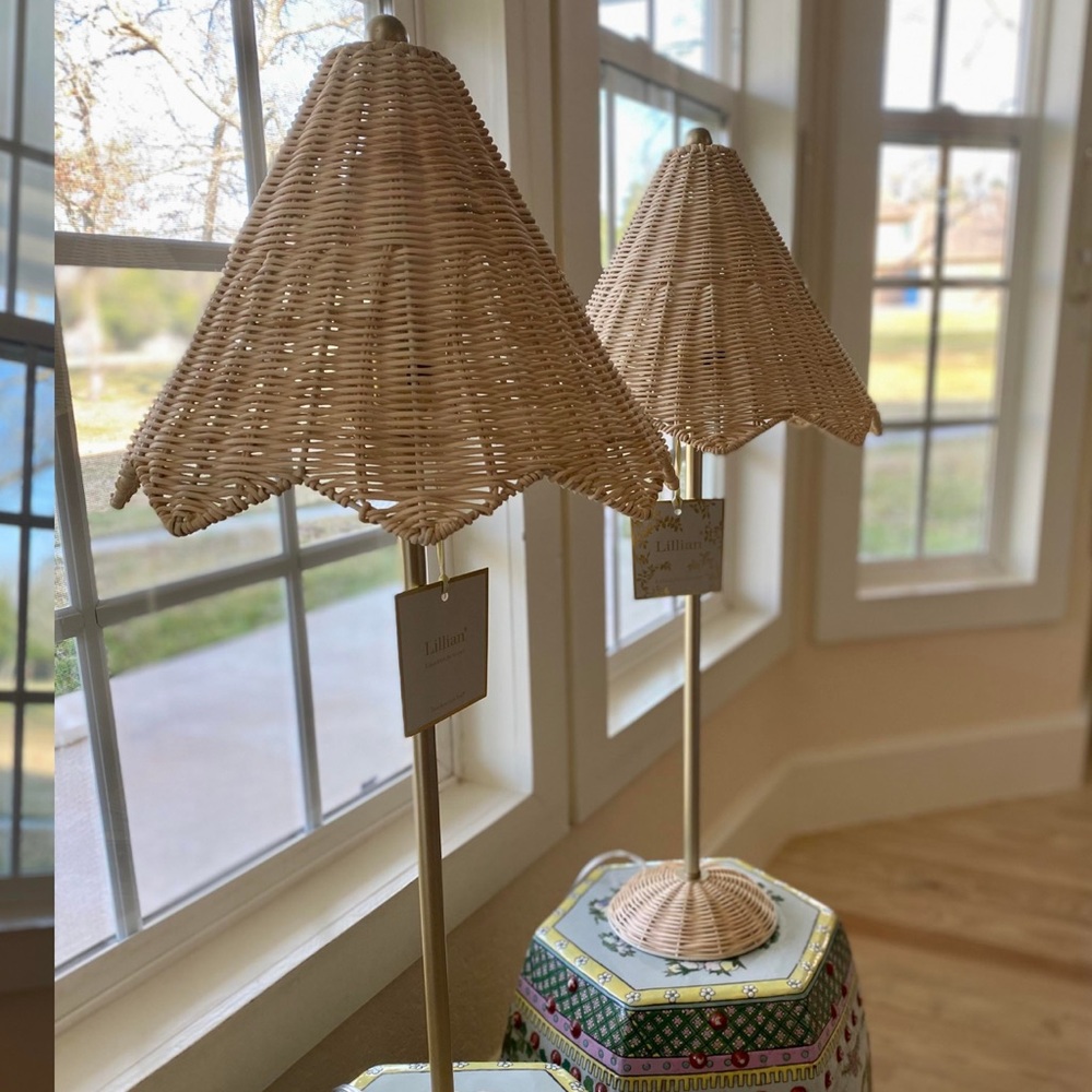 2 Lillian August Parasol Rattan Table Lamp Antiqued Brass Scalloped Edge